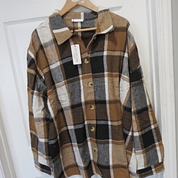 NWT IN'VOLAND  Plus Size Flannel Plaid Shacket Button Down Long Sleeve sz.24 - Picture 2 of 5
